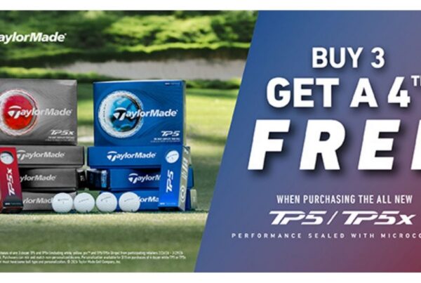 TaylorMade promotional banner featuring stacks of TP5 and TP5x golf ball boxes on a green. A blue and red gradient overlay on the right side displays the text "BUY 3 GET A 4TH FREE" when purchasing the all-new TP5/TP5x. The bottom text highlights "Performance sealed with microcoating."