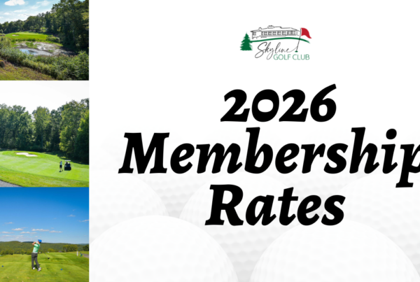 Promotional graphic for Skyline Golf Club featuring the text "2026 Membership Rates" in bold black lettering against a background of oversized white golf balls. The Skyline Golf Club logo, depicting a clubhouse and a red flag, is positioned at the top. The left side of the image features three stacked photos: a scenic view of a green near a pond, a golfer standing by a cart on a fairway, and a golfer teeing off overlooking a rolling valley.