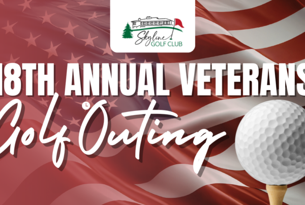 Promotional graphic for the 18th Annual Veterans Golf Outing at Skyline Golf Club. The background features a flowing, stylized American flag in red, white, and blue. In the foreground, a white golf ball sits on a wooden tee on the right side of the frame. Large white text in the center reads "19th Annual Veterans Golf Outing". The Skyline Golf Club logo is positioned at the top center against a white rectangular backdrop.