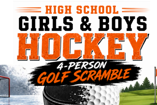 Event banner for High School Girls & Boys Hockey 4-Person Golf Scramble. Graphic features a split background: the left side shows a hockey net on ice, and the right side shows a golf green with a pin flag. In the center, a hockey puck morphs into a golf ball. Text reads: High School Girls & Boys Hockey 4-Person Golf Scramble.