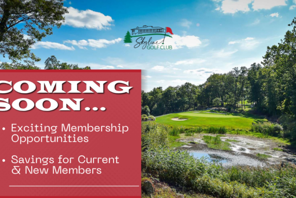 Skyline Golf Club promotional banner featuring a scenic view of a green golf course surrounded by trees under a blue sky. Text overlay reads: "COMING SOON... Exciting Membership Opportunities, Savings for Current & New Members."