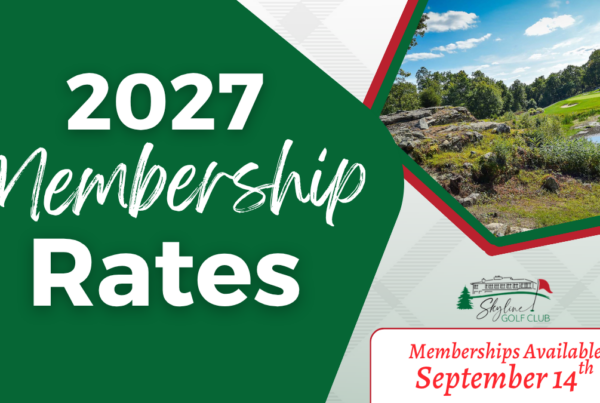 2027 Membership Rates graphic for Skyline Golf Club, featuring a scenic photo of the golf course landscape. Text reads: "2027 Membership Rates. Memberships Available September 14th.