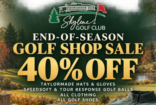 Skyline Golf Club End-of-Season Golf Shop Sale flyer advertising 40% off select golf gear against a scenic autumn golf course background.
